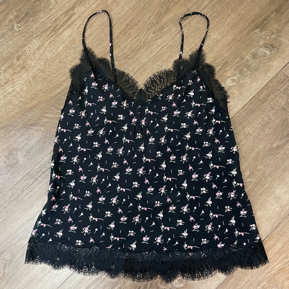 Victoria’s Secret Lace Trim Cami Top Size M Black Floral Camisole Romantic Girl